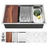 30 Inch Undermount Kitchen Sink Workstation, Stainless Steel Handmade 10" Deep Large Single Bowl Undermount Sink 30x19 with Accessories (Brushed)