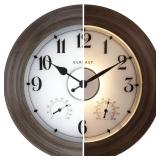 CLXEAST 24 Inch LED Illuminated Outdoor Clocks Waterproof with Thermometer & Hygrometer, Large Lighted Metal Wall Clock with Smart Night Light Sensor,Grey Oak Finish,House Warming Gifts New Home