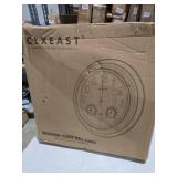 CLXEAST 24 Inch LED Illuminated Outdoor Clocks Waterproof with Thermometer & Hygrometer, Large Lighted Metal Wall Clock with Smart Night Light Sensor,Grey Oak Finish,House Warming Gifts New Home