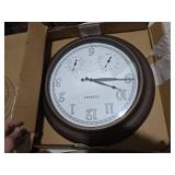 CLXEAST 24 Inch LED Illuminated Outdoor Clocks Waterproof with Thermometer & Hygrometer, Large Lighted Metal Wall Clock with Smart Night Light Sensor,Grey Oak Finish,House Warming Gifts New Home