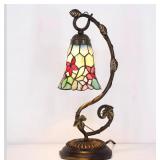 Tiffany Lamp Stained Glass Desk Reading Bedside Light, Metal Leaf Table Lamp Base 5X6X17 Inches Decor Small Space Bedside Bedroom Home Office (Red Flowers Style)