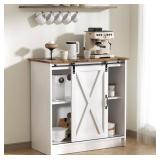 White Coffee Bar Cabinet with Storage, Farmhouse Coffee Bar Cabinet, Coffee Bar Table with Sliding Barn Door, Coffee Bar & Adjustable Shelves, for Kitchen, Dining Room, Living Room