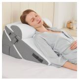 Sasttie Wedge Pillow Set for After Surgery, 2PCS Adjustable Bed Wedge Pillow Headboard with Memory Foam Neck Cushion for Acid Reflux, Sleeping, Neck & Back Support, Dark Grey & White