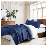 HORIMOTE HOME 100% Cotton Quilt Set Queen Size, Navy Blue Pre-Washed 3-Piece Bedspread Coverlet Set, Cozy Lightweight Stitching Bedding Cover with 2 Shams in Geometric Pattern for All Season