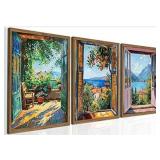 Vintage Open Window Henri Matisse Wall Art, Blue Italian Coastal Landscape Painting Wall Decor, Italy Mediterranean Country Poster Canvas Prints for Living Room Bedroom 16x24 inch Wood Framed