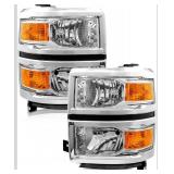 Headlight Assembly for 2014-2015 Chevy Silverado 1500 Halogen OE Style Amber Chrome Housing Reflector Driver Passenger Sides W/O Bulbs
