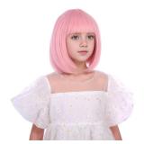 Edivd Light Pink Bob Wig Short Pastel Pink Bob Wig with Bangs Heat Resistant Synthetic Hair with Cap (Small Size)
