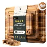 3 Pack Teak Wood Cutting Board Set for Kitchen Charcuterie Board Serving Heavy Duty Non Toxic Slip Over Sink Solid Thick Haus Wooden Chopping Board Large Big Small Meat Best Kitchen Essential Gift