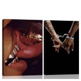 Framed 2pcs Black Couple Canvas Wall Art African American Man and Woman Poster Kiss Holding Hands Picture Print Wedding Gift Bedroom Living Room Studio Bar Ready to Hang 12x16 Inch