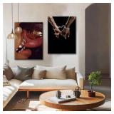 Framed 2pcs Black Couple Canvas Wall Art African American Man and Woman Poster Kiss Holding Hands Picture Print Wedding Gift Bedroom Living Room Studio Bar Ready to Hang 12x16 Inch