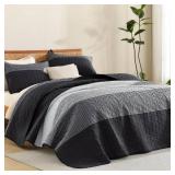Litanika Quilt King Size Black, Grey and White, Gray Stripe Patchwork Summer Bedspread Coverlet 3 Pieces, Soft Lightweight Microfiber Comforter Bedding Set for All Season(1 Quilt, 2 Pillowcases)