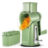 SUSTEAS Rotary Cheese Grater with Handle - Vegetable Shredder with 5 Well-designed Blades & Strong Suction Base,Round Mandoline Slicer & Food Chopper for Kitchen,with Blade Storage Box(Retro Green)