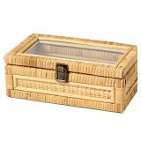 VinneGenzz Rattan Box with Clear Lid Wooden Frame Decorative Handmade Boho Woven Rattan Wicker Baskets Cane Bins Keepsake Memory Jewelry Boxes Desk Shelf Closet Organizer Container (Natural, Small)