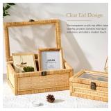 VinneGenzz Rattan Box with Clear Lid Wooden Frame Decorative Handmade Boho Woven Rattan Wicker Baskets Cane Bins Keepsake Memory Jewelry Boxes Desk Shelf Closet Organizer Container (Natural, Small)