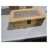 VinneGenzz Rattan Box with Clear Lid Wooden Frame Decorative Handmade Boho Woven Rattan Wicker Baskets Cane Bins Keepsake Memory Jewelry Boxes Desk Shelf Closet Organizer Container (Natural, Small)