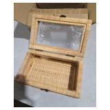 VinneGenzz Rattan Box with Clear Lid Wooden Frame Decorative Handmade Boho Woven Rattan Wicker Baskets Cane Bins Keepsake Memory Jewelry Boxes Desk Shelf Closet Organizer Container (Natural, Small)