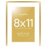 Homeforia 8x11 Picture Frame Gold, High End Metal 8 x 11 Poster Frames with Mat 6 by 9 for Photo, 11x8 Frame Matted to 6x9 inch Print, 8by11 Wall or Tabletop Frames, Tempered Glass, Wall Kit, Set of 1