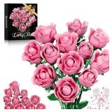 XGSHJ Pink Rose Bouquet Building Set for Girls & Boys - 12 Pack Botanical Collection Gift for Easter Basket Artificial Flowers Botanical Collection Centerpiece Retro Decor