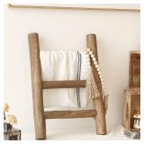 FUIN Fully Assembled Wooden Tea Towel Ladder, Mini Ladder Towel Rack Display Hanger, Small Rustic Farmhouse Tea Towel Stand Holder for Country Bathroom Decor, Brown