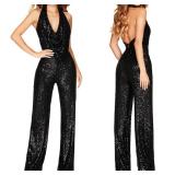 Tenabell Sparkly Sequin Jumpsuit Halter Neck Backless Sequin Overalls Glitter Pants Medium