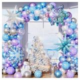 Snowflake Balloon Garland Arch Kit, 144 Pcs Purple Blue Silver White Balloons With Foil Snowflake Star Balloons, for Winter Wonderland, Princess Birthday, Baby Shower, Christmas Decor