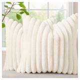decorUhome Cozy Faux Fur Spring Throw Pillow Covers 18x18 Set of 2 Decorative Soft Plush Striped Modern Farmhouse Boho Couch Pillow Cases with Velvet Back for Sofa Bed Living Room, Cream White