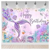 Mocsicka Mermaid Birthday Backdrop 7x5ftGirl Mermaid Birthday Party Decorations Under The Sea Happy Birthday Background Decorations for Girls Starfish Shell Seaweed Photography Background