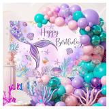 Mocsicka Mermaid Birthday Backdrop 7x5ftGirl Mermaid Birthday Party Decorations Under The Sea Happy Birthday Background Decorations for Girls Starfish Shell Seaweed Photography Background