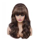 Rugelyss Long Brown Mixed Wig with Bang Retro Bouffant Beehive Wigs fits 80s Costume or Halloween Party