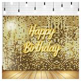 Ayayiya 7x5ft Gold Happy Birthday Backdrop for Women Girls Sequin Shimmer Wall Photography Background Flash Square Sweet 16 21st 30th 40th 50th Birthday Banner Golden Party Decorations Photoshoot Prop