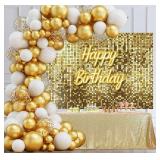 Ayayiya 7x5ft Gold Happy Birthday Backdrop for Women Girls Sequin Shimmer Wall Photography Background Flash Square Sweet 16 21st 30th 40th 50th Birthday Banner Golden Party Decorations Photoshoot Prop