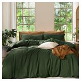 MooMee Bedding Duvet Cover Set 100% Washed Cotton Linen Like Textured Breathable Durable Soft Comfy (Solid Forest Green, King 104\"x90\")