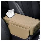 Rneswi Car Armrest Cover Leather Car Console Covers Box Pad with Pocket and Tissue Box Arm Rest Cover for Car for SUV Truck Sedan Vehicle (Beige)