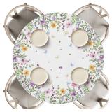 Horaldaily Spring Fitted Tablecloth 60 Inch Round, Spring Daisy Floral Flowers Butterfly Washable Table Cover Elastic Edged for Dinning, Picnic, Camping, Banquet