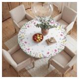 Horaldaily Spring Fitted Tablecloth 60 Inch Round, Spring Daisy Floral Flowers Butterfly Washable Table Cover Elastic Edged for Dinning, Picnic, Camping, Banquet