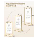 Wedding Welcome Sign Stand, Welcome to our Wedding Sign Holder, Gold Easel Stand for Sign Poster With Design Bundle & Ground Stakes & Leather Sign Hanging Straps, Linen Sign Stand for Wedding Decor