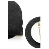 Floroom 15 Inch Round Braided Placemats Set of 4, Washable Heat Resistant Cotton Polyester Circle Place Mats for Kitchen Dining Table - Black