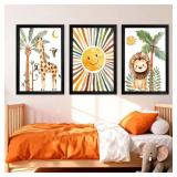 Cute Sun Lion Giraffe Quote Framed Wall Art Set of 4, 11x16 Boho Educational Animal Wall Sign for Baby Girl Kid Boy Toddlers, Wooden Inspirational Nursery Wall Decor Black
