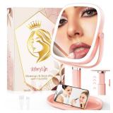 Horyliin Makeup Mirror with Lights - 10x/1x Magnifying Mirror with Light, Rechargeable Desk Mirror with 3-Color Lighting & Memory Function, 360° Adjustable Table Mirror, Gift for Women (Pink)
