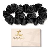 LULUSILK Silk Scrunchies for Hair Sleep, 100% Real Mulberry Silk, No Damage Hair Ties for Women and Girls, Classic Black, Pack of 3