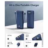 VEGER Portable Charger with Built-in AC Plug and Cables, All in One 10000mAh Ultra Slim Power Bank Travel Essentials, Fast Charging Battery Pack Compatible with iPhone, Samsung, Android (Navy)