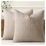 MIULEE Decorative Linen Check Throw Pillow Covers Neutral Farmhouse Vintage Pillow Covers 18x18 Set of 2 Boho Modern Home Decor for Sofa Couch Bedroom Cushion Natural Linen
