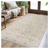 SIILOOM 3x5 Washable Area Rug for Entryway, Cream Beige Yellow White Grey Soft Distressed Floral Rug with Non-Slip, Low-Pile Vintage Area Rugs for Entryway Bedroom, Dorm Carpet with Non-Shedding