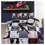 A Nice Night Sports Geometric Grid Black Patchwork Baseball Printed for Boys Twin 6Pcs Bed in A Bag Comforter Bedding Set,Black