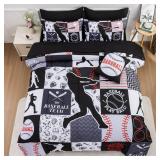 A Nice Night Sports Geometric Grid Black Patchwork Baseball Printed for Boys Twin 6Pcs Bed in A Bag Comforter Bedding Set,Black