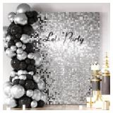 COKAOBE Silver Shimmer Wall Backdrop, 24PCS Square Sequin Shimmer Backdrop Panel, Photo Backdrops for Birthday, Anniversary, Wedding, Graduation & Bachelorette Party Decoration