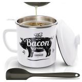 Bacon Grease Container With Strainer, 46OZ Large Enamel Grease Container, With Silicone Spatula, Farmhouse Bacon Grease Keeper, Cooking Oil Container For Kitchen Fat Storage, Dishwasher Safe-White