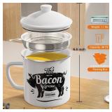 Bacon Grease Container With Strainer, 46OZ Large Enamel Grease Container, With Silicone Spatula, Farmhouse Bacon Grease Keeper, Cooking Oil Container For Kitchen Fat Storage, Dishwasher Safe-White