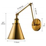 LITFAD Adjustable Brass Finish 1 Light Wall Sconce 7" Industrial Swing Arm Wall Lamp Mounted Lighting Fixture with Cone Shade Rotatable Brass arm Sconce for Living Room Bedside Hallway Foyer - Retail: