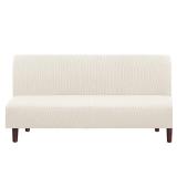 PrinceDeco Stretch Futon Cover Armless Sofa Bed Cover Futon Slipcover Protector Armrests with Elastic Bottom Soft Jacquard Fabric Small Checks Futon Cover for RV Sofas/Jackknife couches,Porcelain - Re